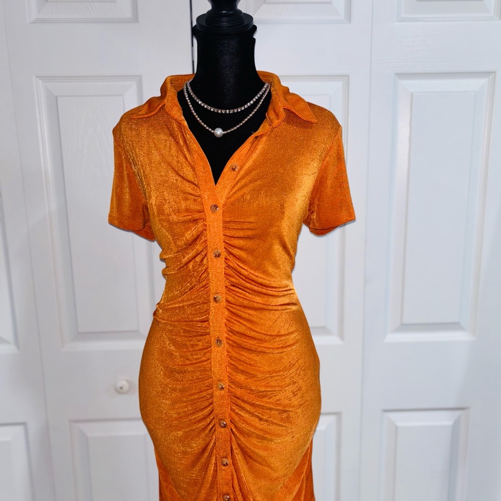 Wild Fable Orange Ruched Polo Collar Midi Dress